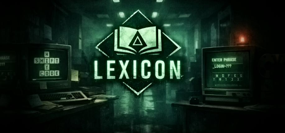 LEXICON terminal artwork with the game logo glowing in a dark archive