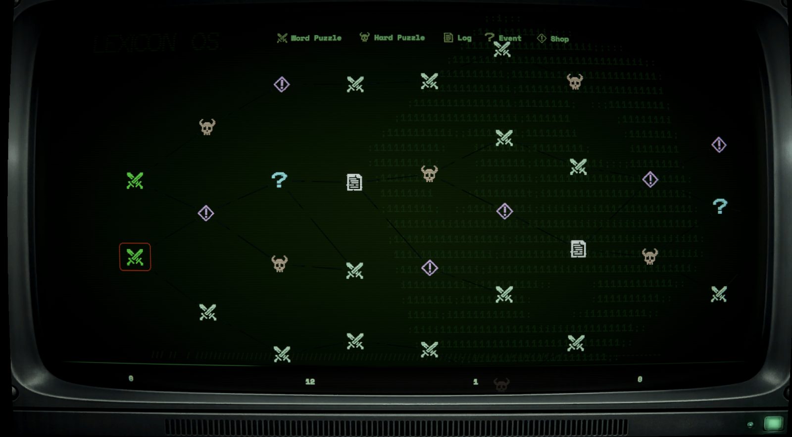 LEXICON gameplay screenshot showing a glowing CRT terminal map of word puzzle nodes