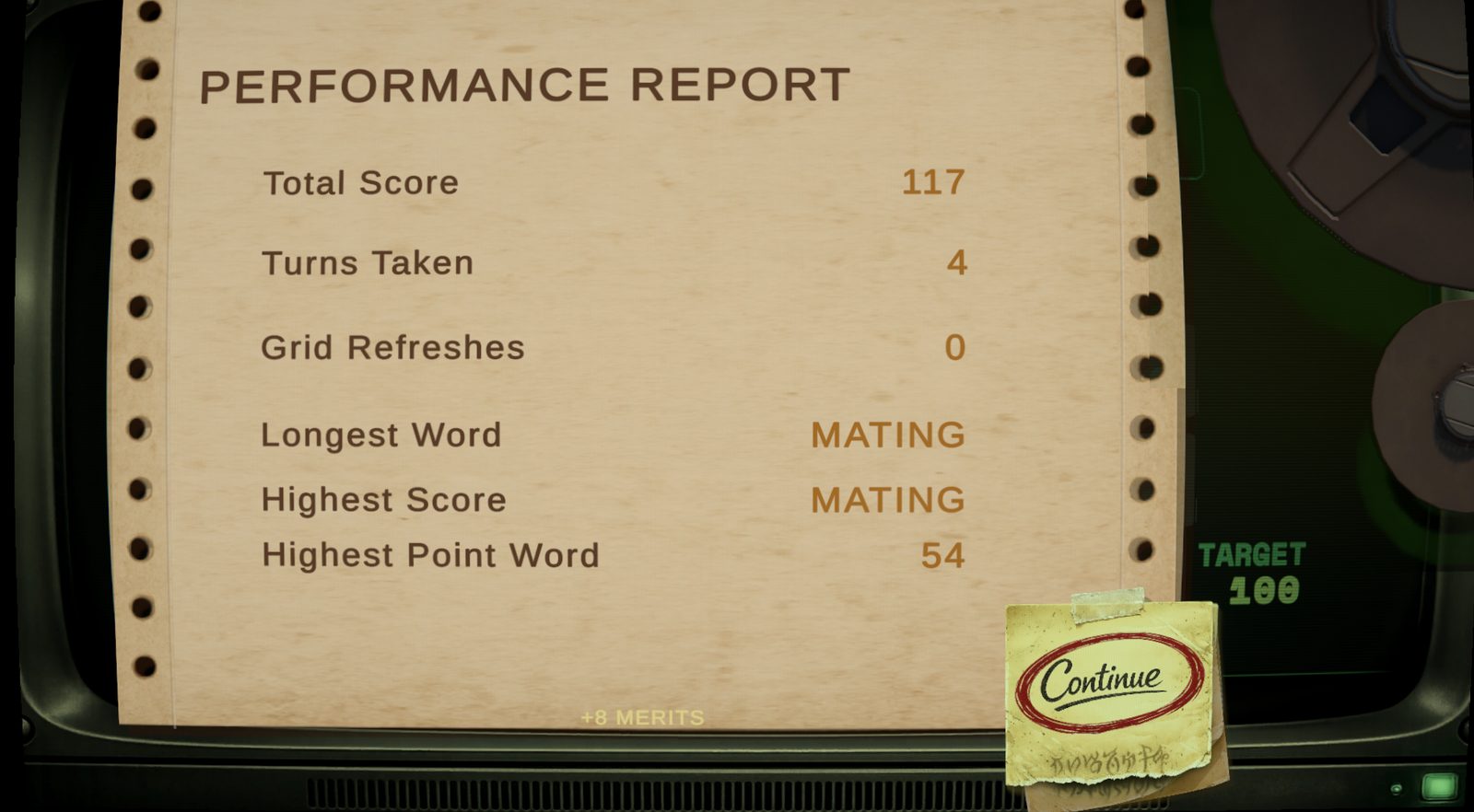 LEXICON gameplay screenshot of a typewritten performance report screen