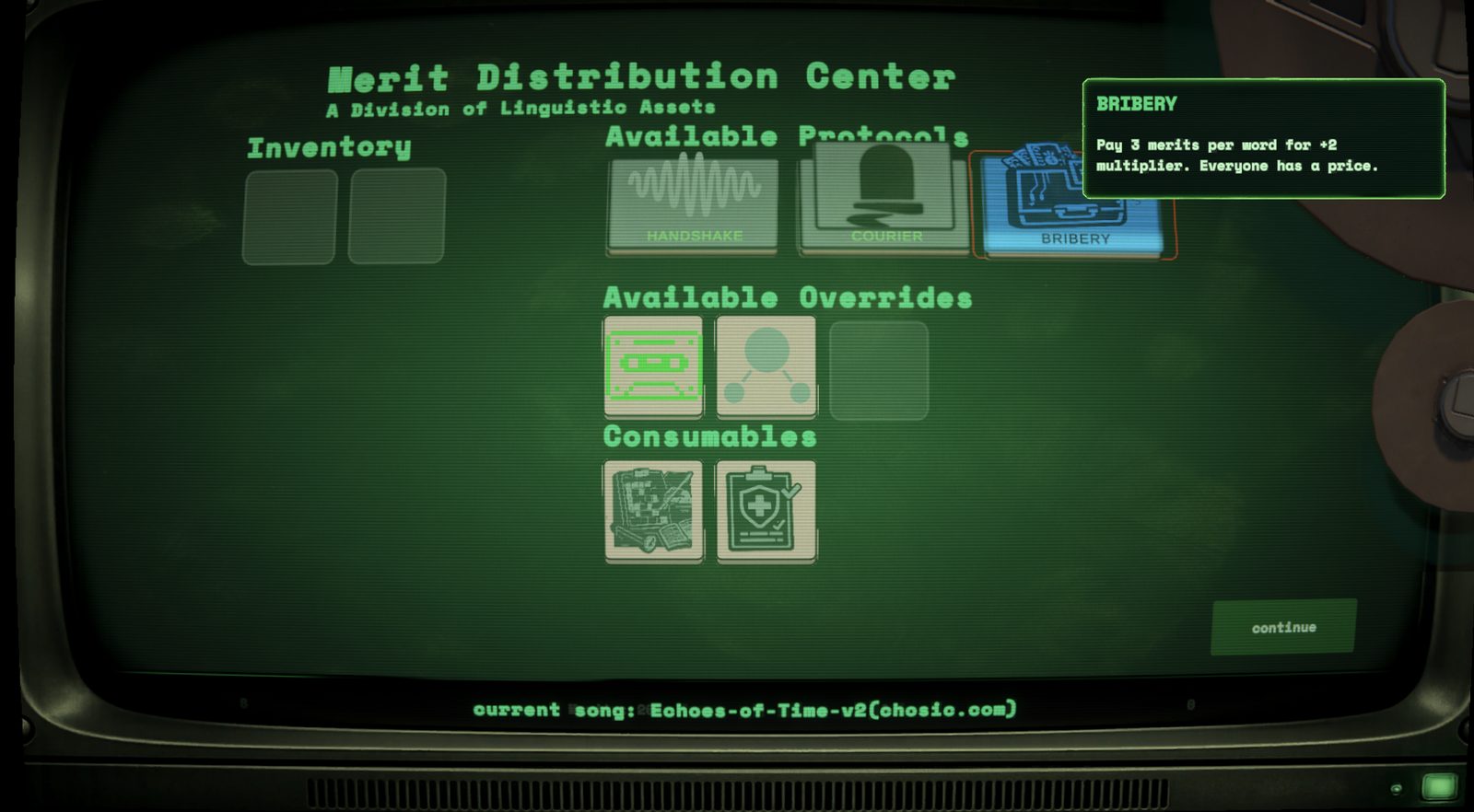 LEXICON gameplay screenshot of the Merit Distribution Center upgrade shop