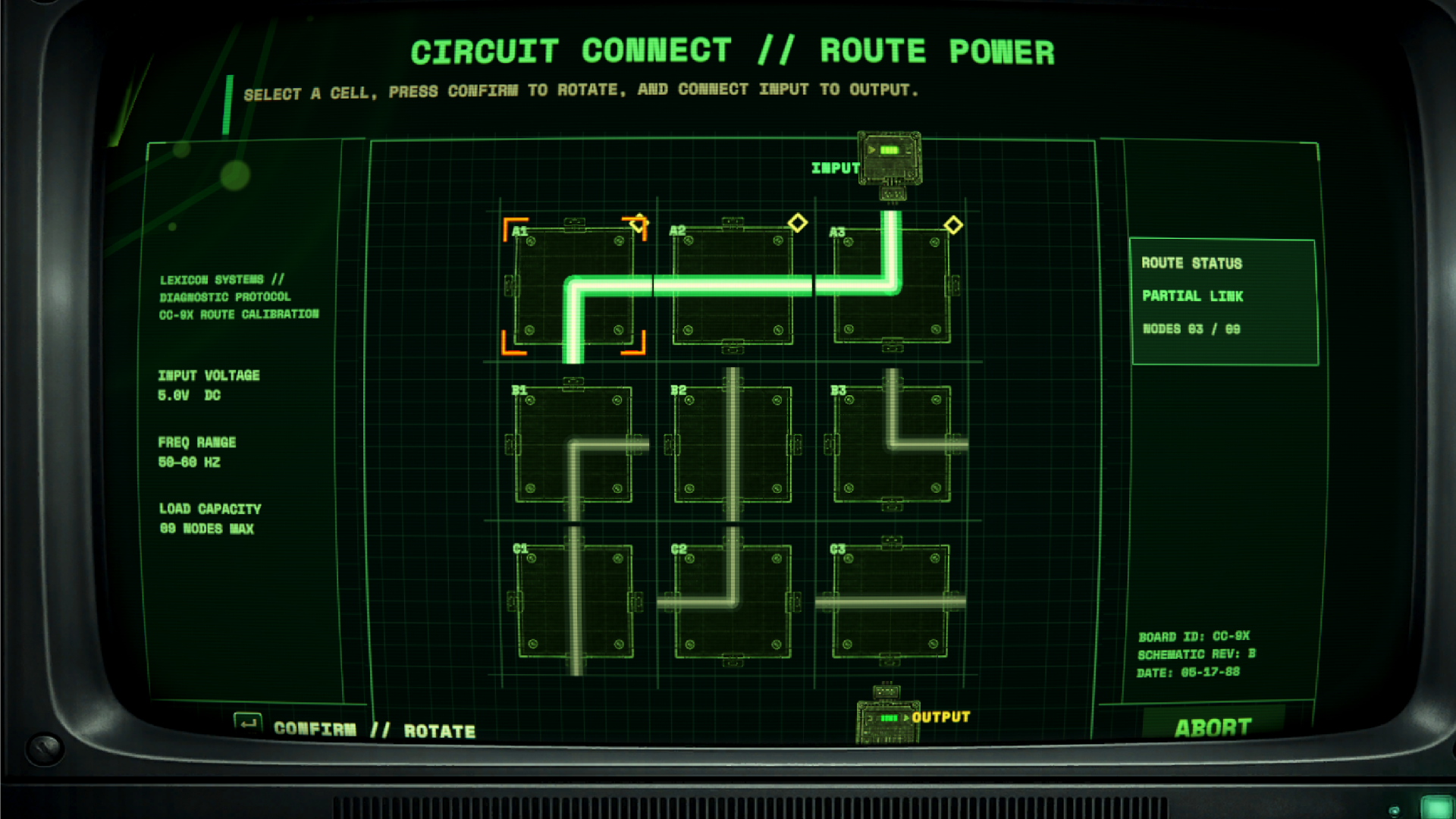 LEXICON Circuit Connect minigame routing power across a diagnostic grid