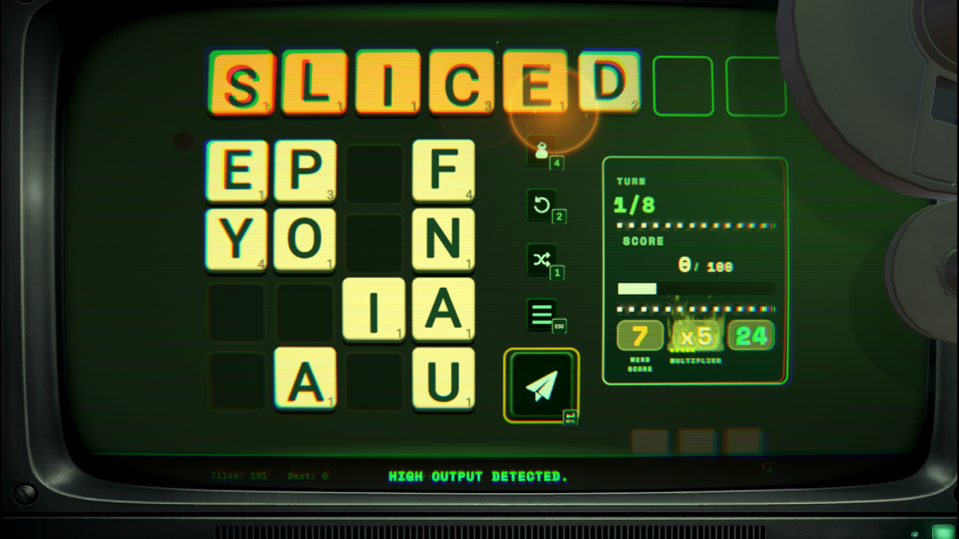 LEXICON gameplay showing a high-output SLICED word combo