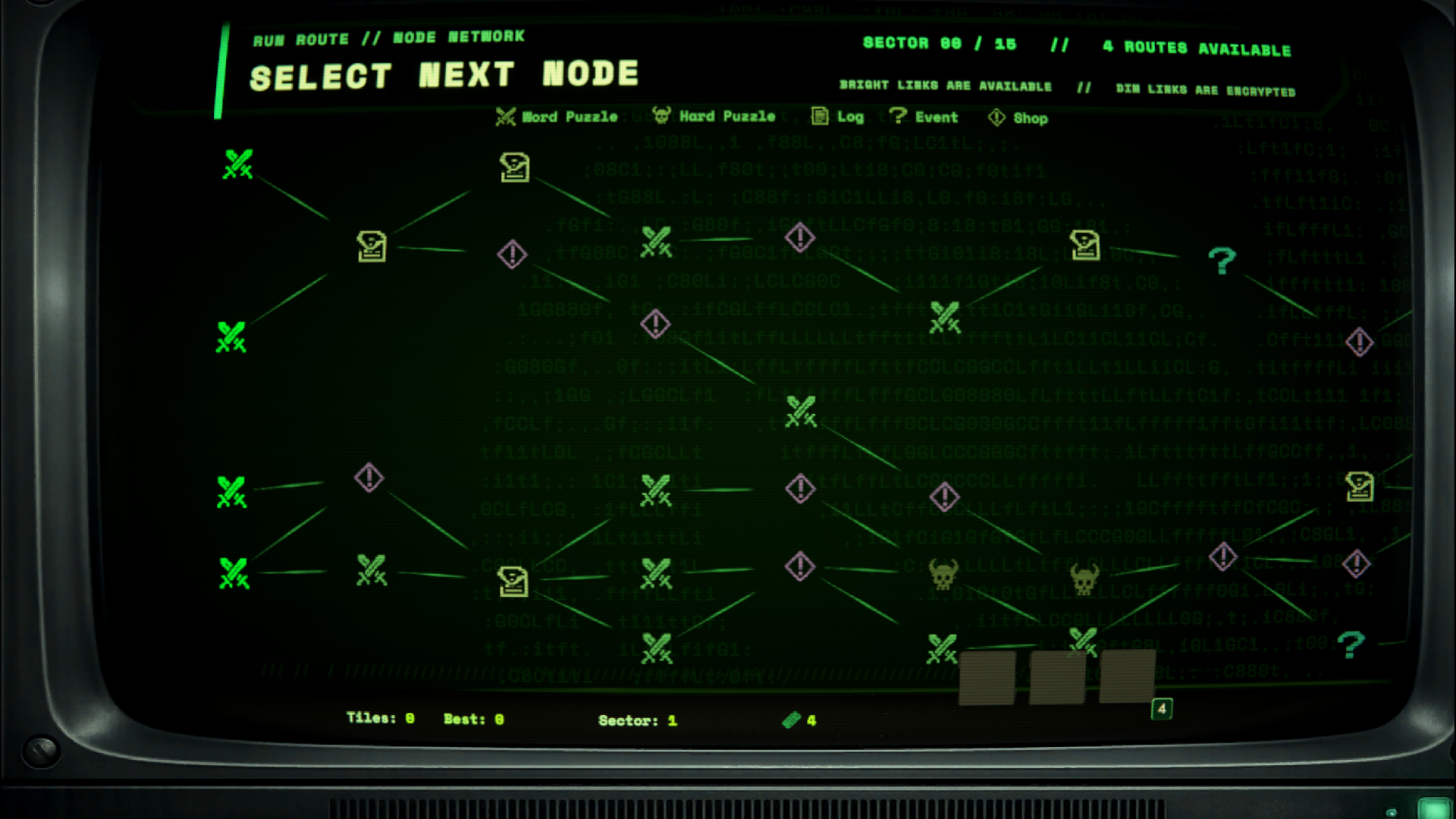 LEXICON branching run map with battles, shops, logs, and events