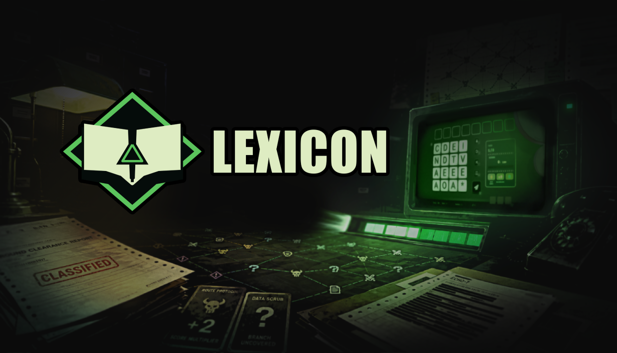 LEXICON key art showing the terminal, run map, and classified case files