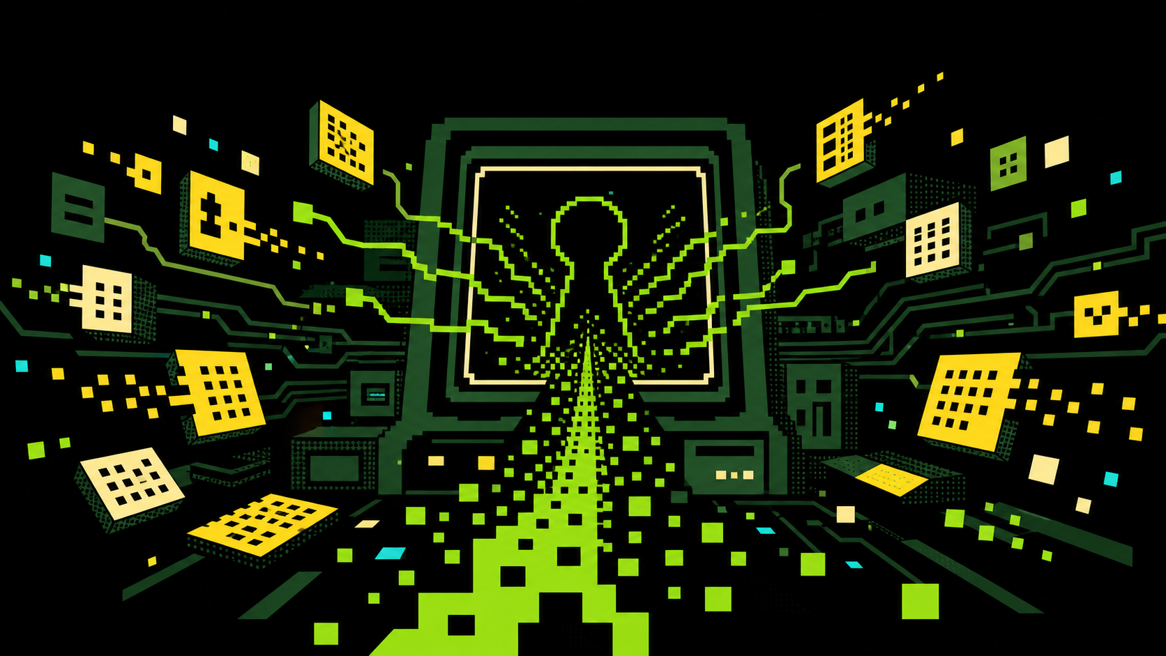 LEXICON update splash art showing a glowing pixel-art terminal surrounded by floating word tiles