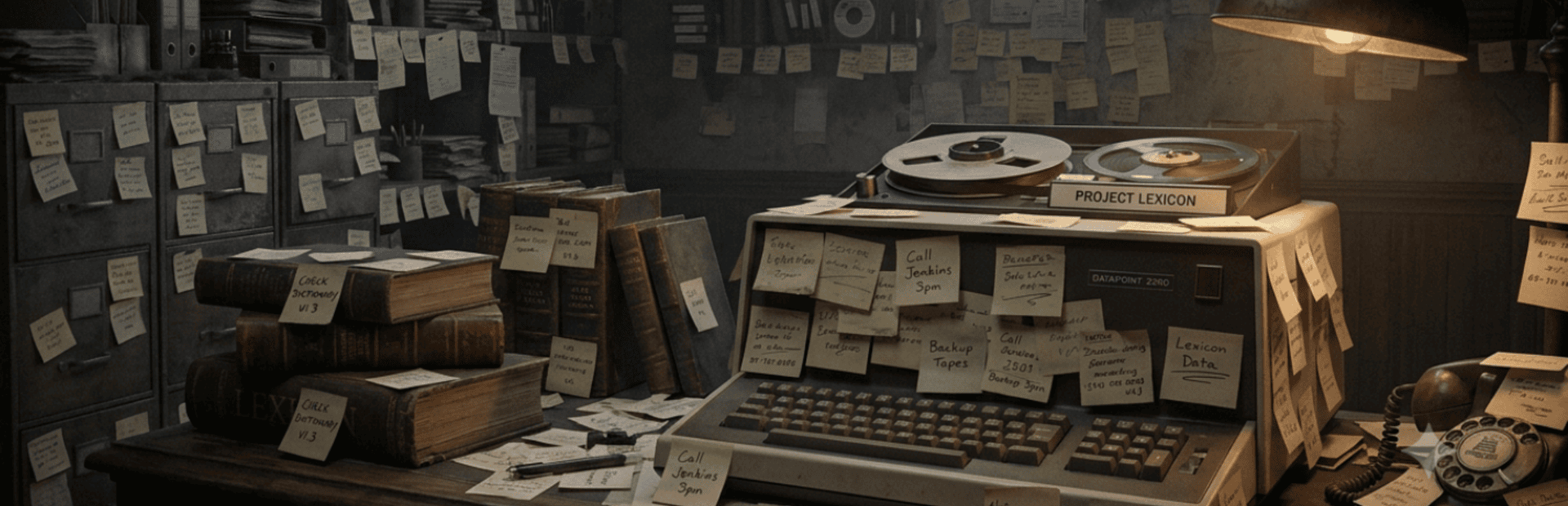 LEXICON wide banner key art of a cluttered archive desk