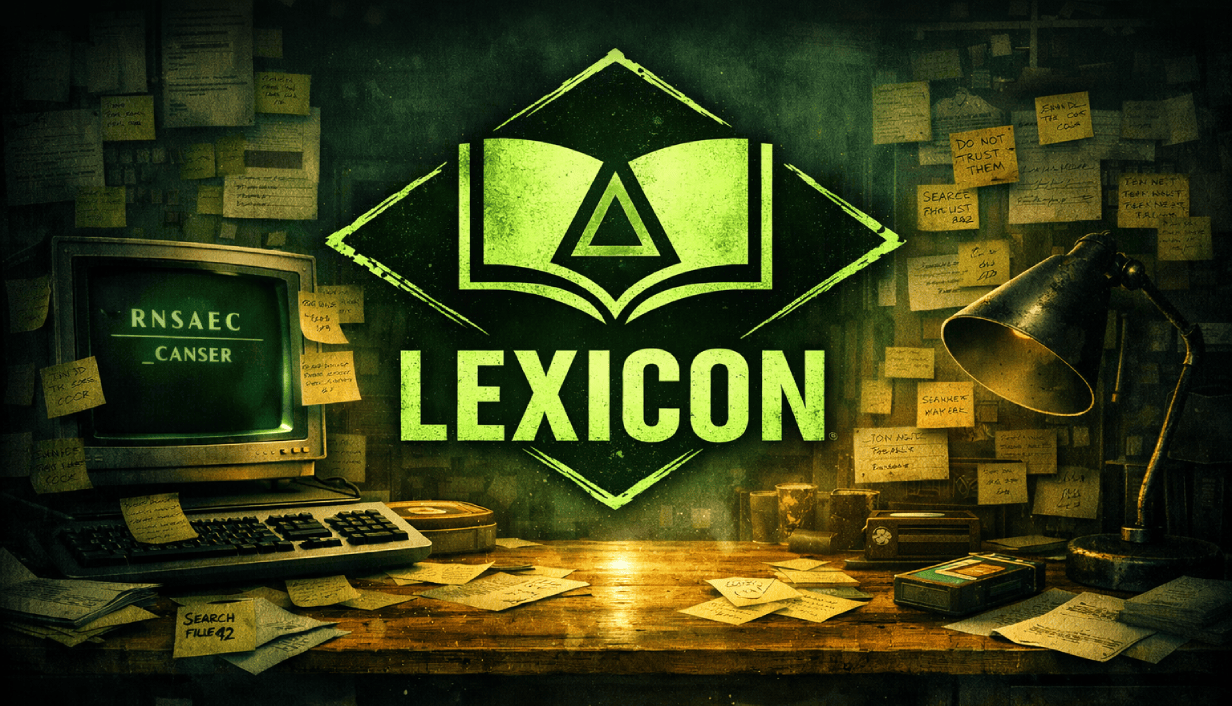 LEXICON key art featuring the glowing terminal logo over an archive of notes