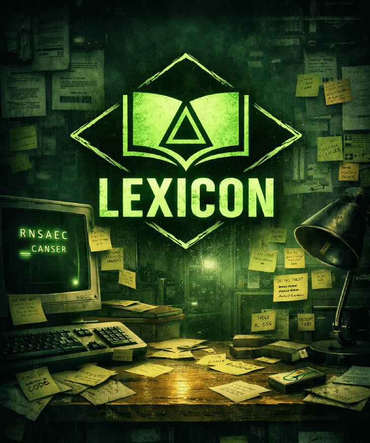LEXICON portrait key art with terminal and scattered notes