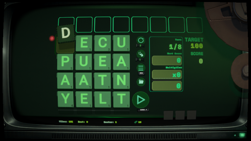 A current LEXICON word battle with letter tiles and CRT interface