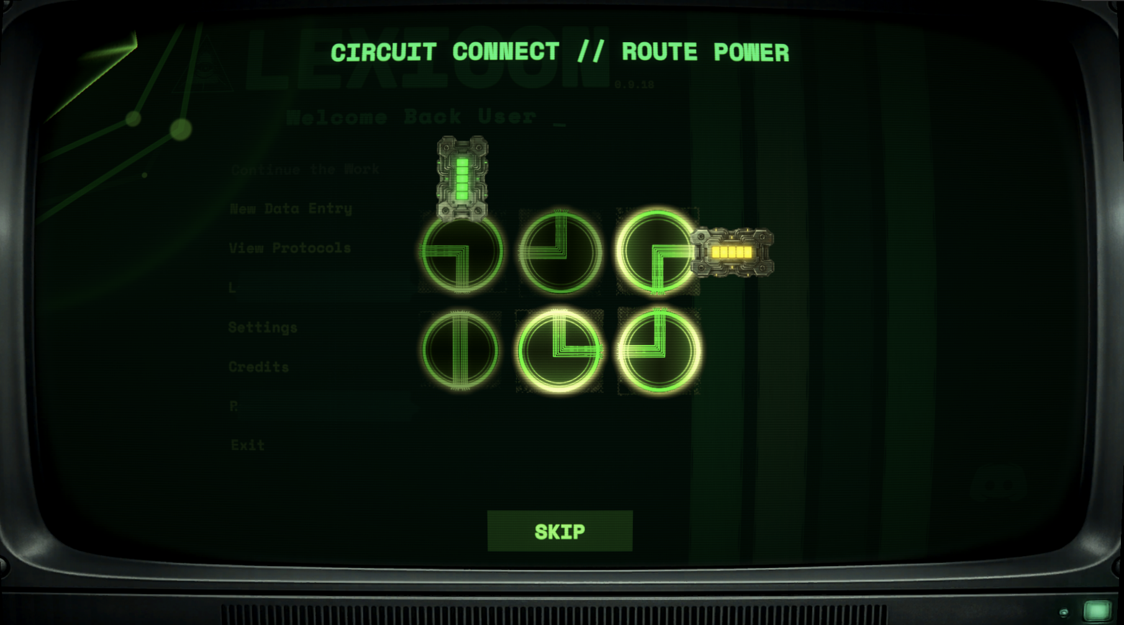 LEXICON minigame screenshot of a Circuit Connect puzzle routing power between nodes