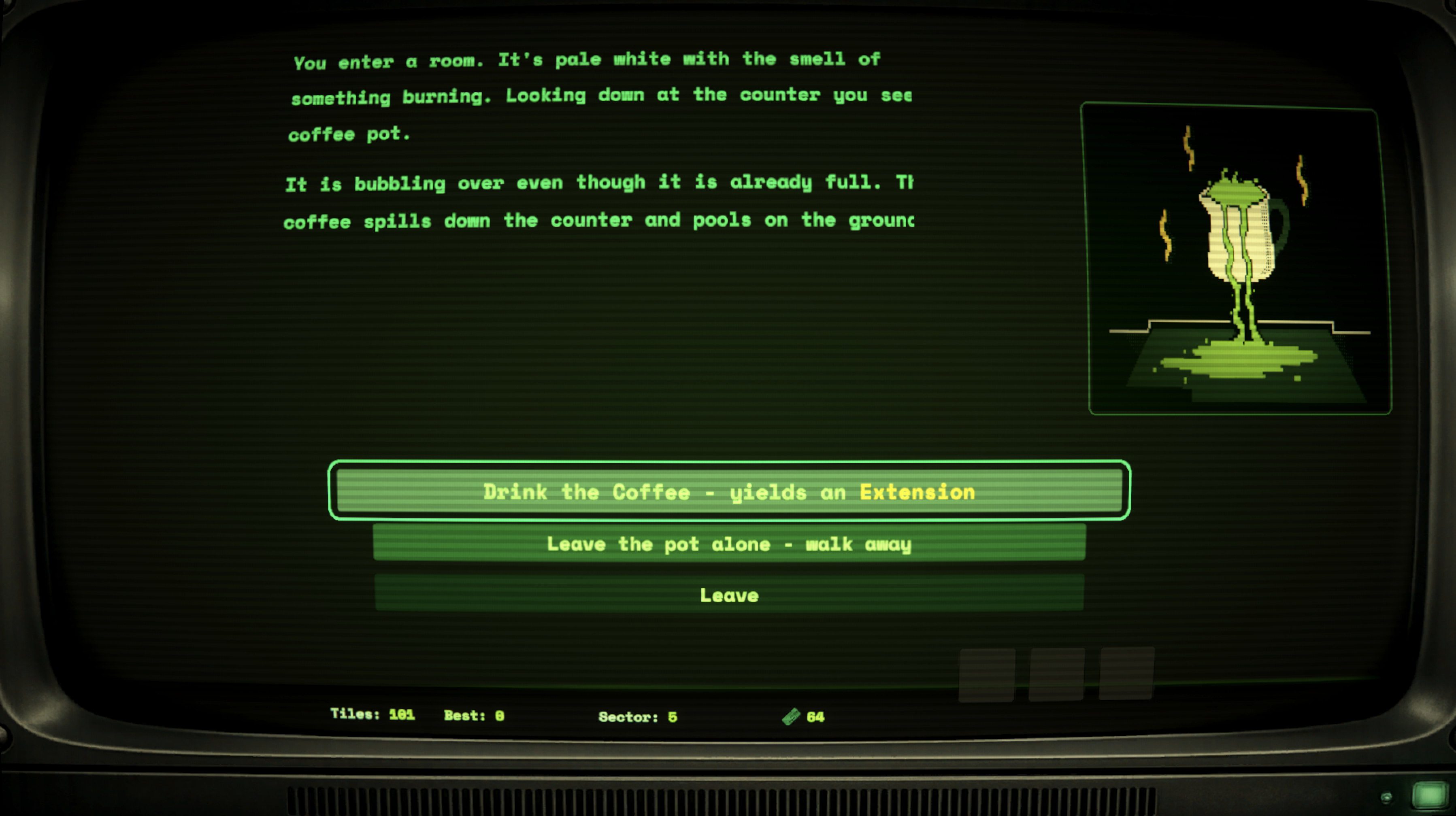 LEXICON gameplay screenshot of a narrative event with a strange bubbling coffee pot and risk or reward choices