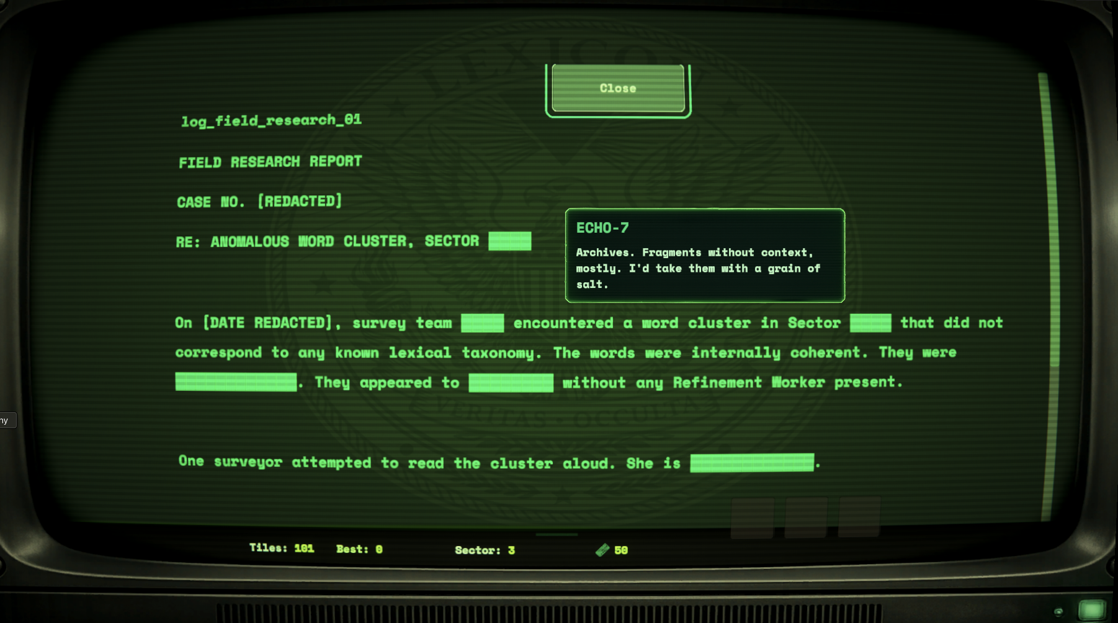 LEXICON gameplay screenshot of a redacted field research log with an ECHO-7 annotation