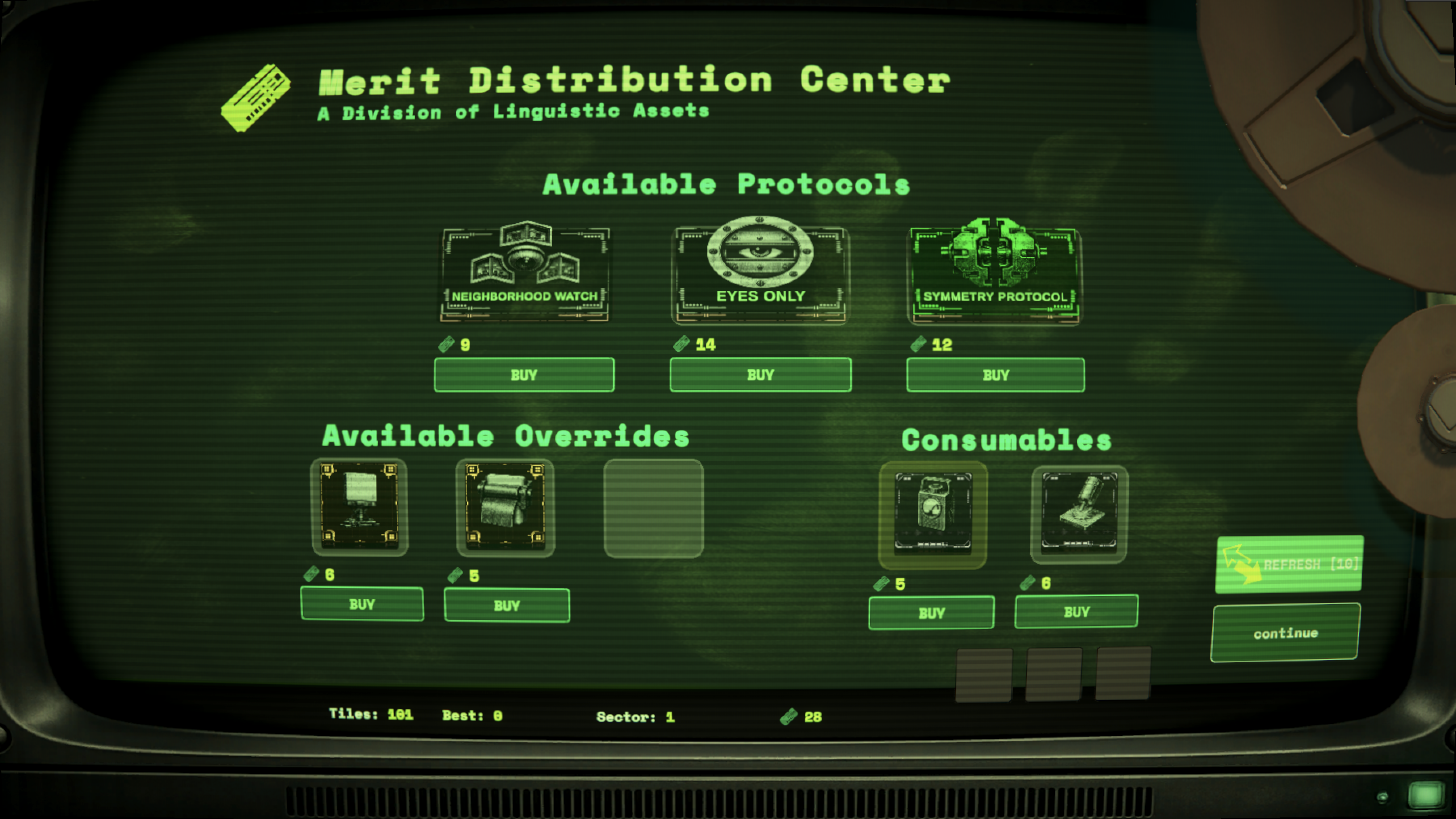 LEXICON gameplay screenshot of the Merit Distribution Center shop with protocols, overrides, and consumables for sale