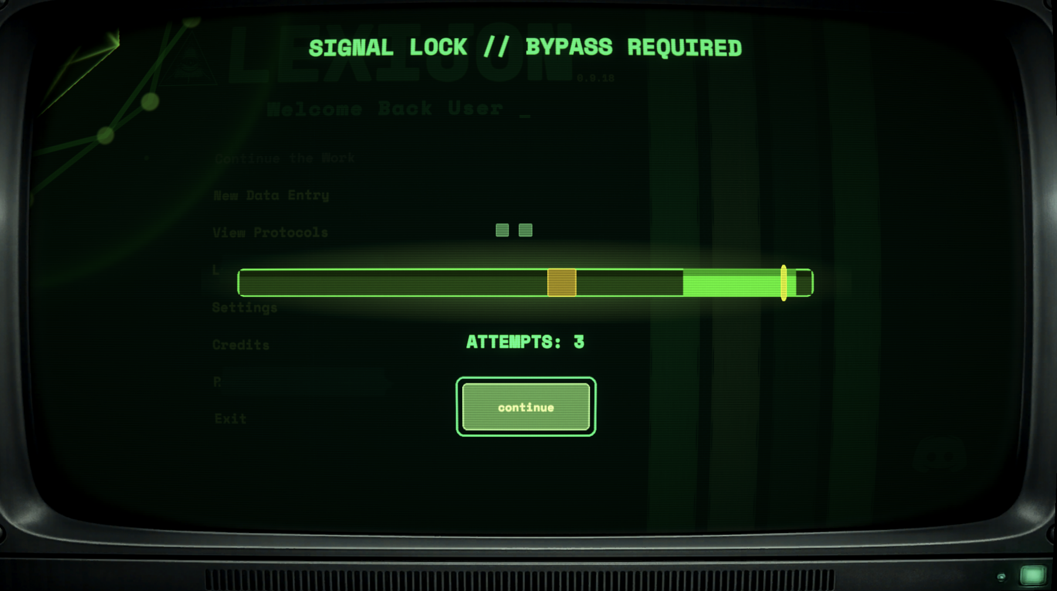 LEXICON minigame screenshot of a Signal Lock timing bar bypass challenge