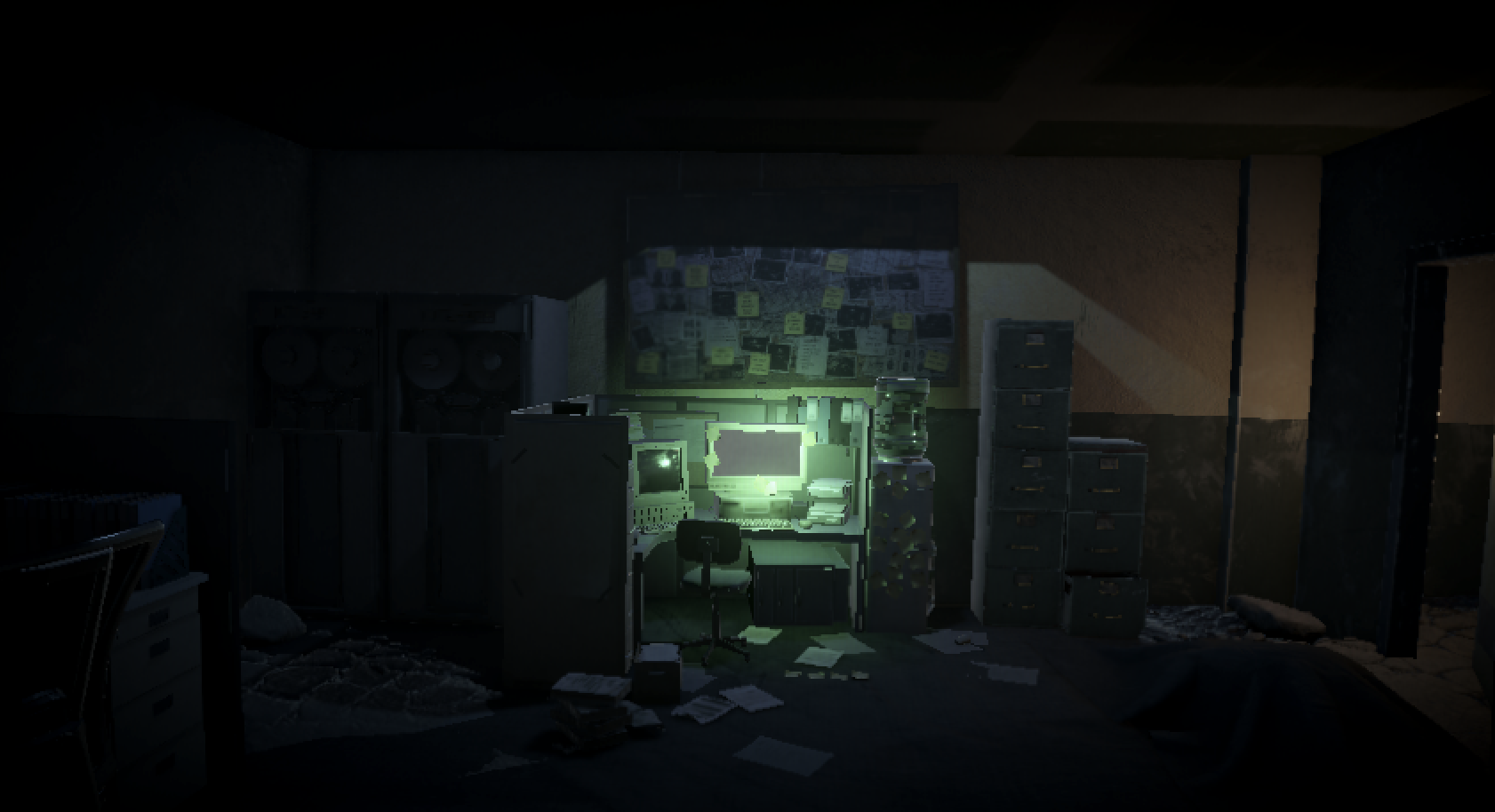 Work in progress 3D scene for the start of LEXICON: a dark office with an evidence board and a glowing CRT terminal